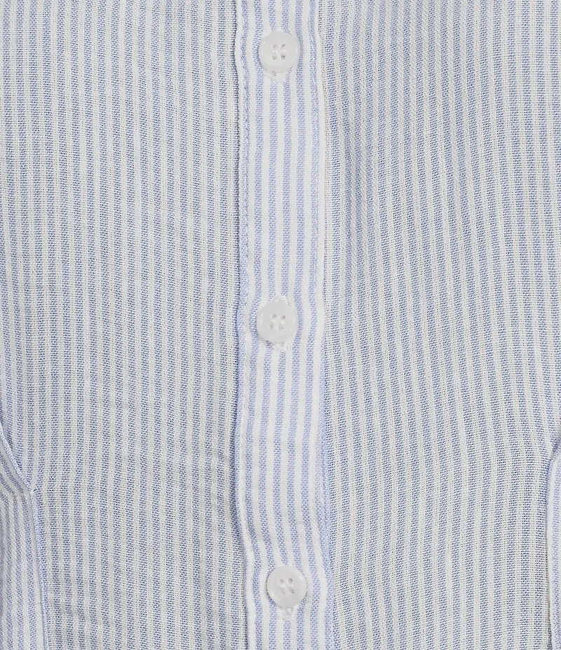 Moa Moa Linen Striped Point Collar Short Sleeve Button Front Cinched Top