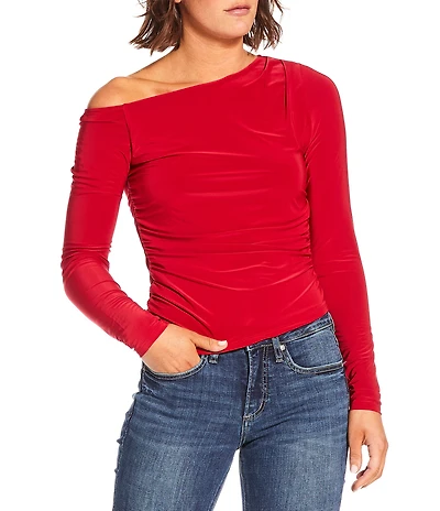 Moa Moa Off The Shoulder Long Sleeve Asymmetrical Hem Top
