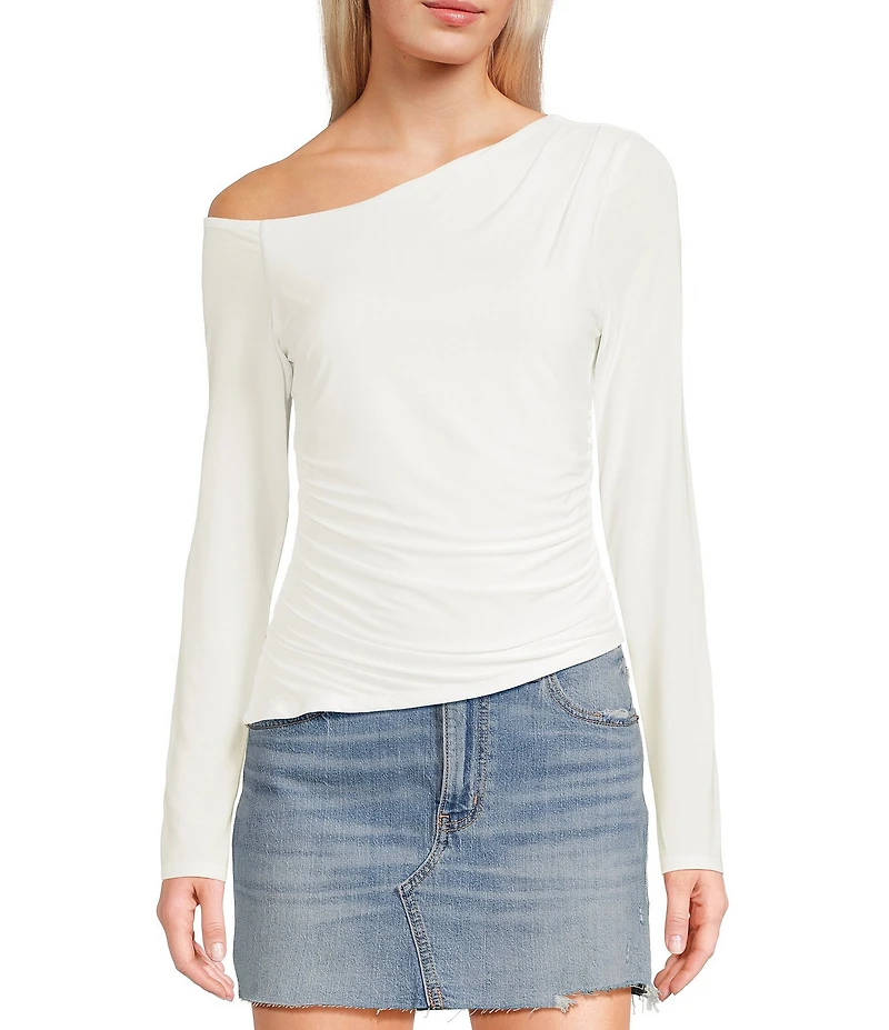 Moa Moa Off The Shoulder Long Sleeve Asymmetrical Hem Top