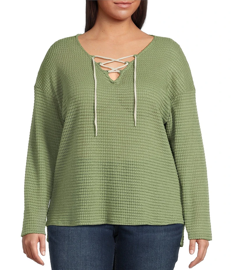 Moa Moa Plus Size Long Sleeve Cropped Lace Up Top
