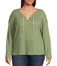 Moa Moa Plus Size Long Sleeve Cropped Lace Up Top
