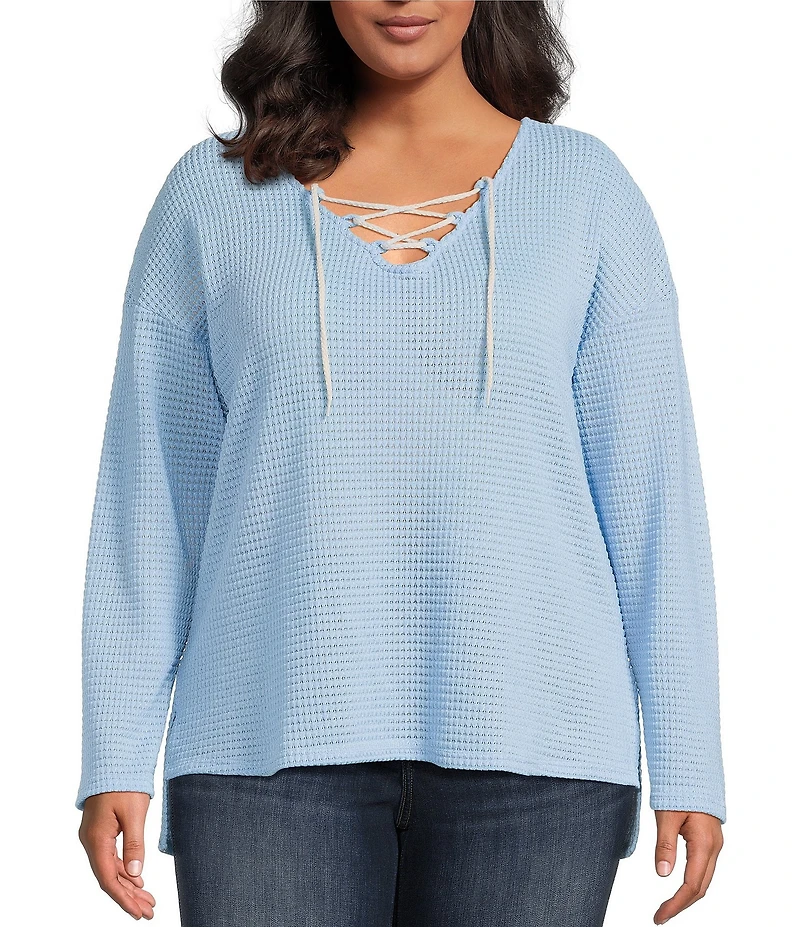 Moa Moa Plus Size Long Sleeve Cropped Lace Up Top