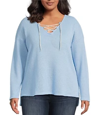 Moa Moa Plus Size Long Sleeve Cropped Lace Up Top