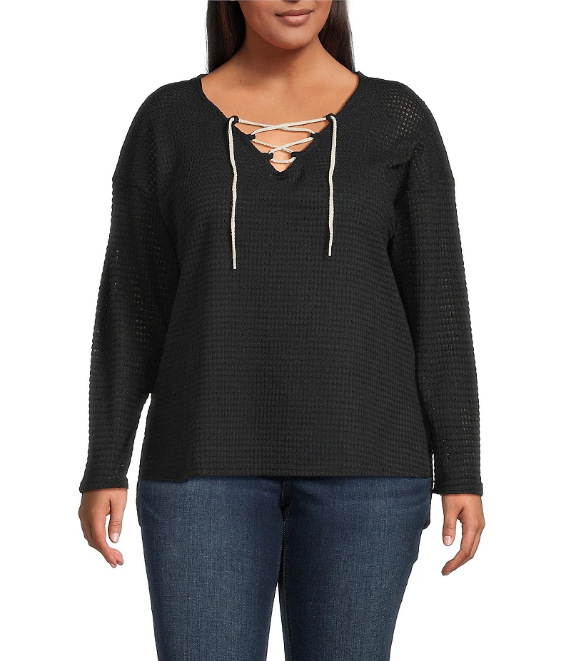 Moa Moa Plus Size Long Sleeve Cropped Lace Up Top