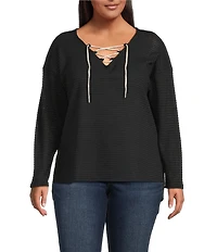 Moa Moa Plus Size Long Sleeve Cropped Lace Up Top