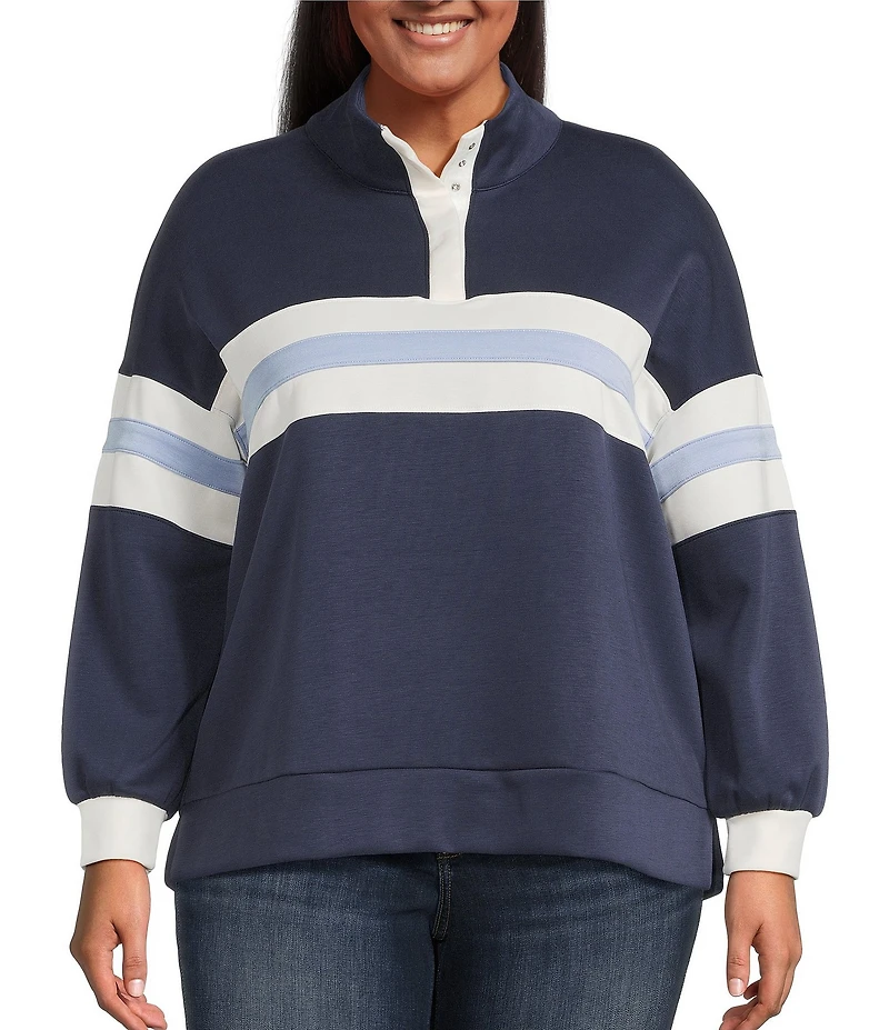 Moa Moa Plus Size Striped Long Sleeve Quarter Zip Sweater