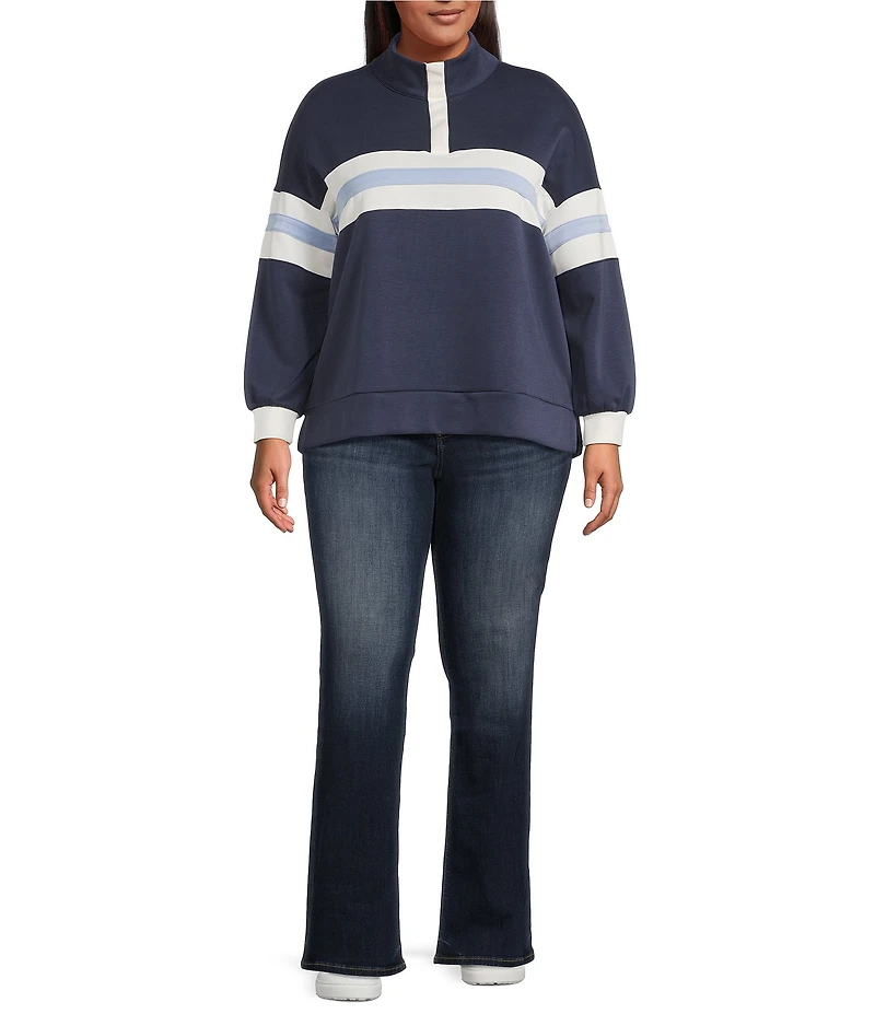 Moa Moa Plus Size Striped Long Sleeve Quarter Zip Sweater