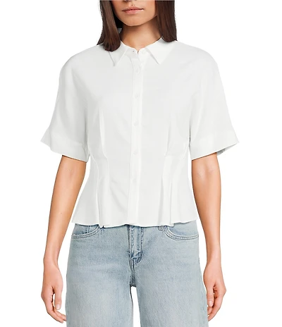 Moa Moa Point Collar Short Sleeve Button Front Cinched Top
