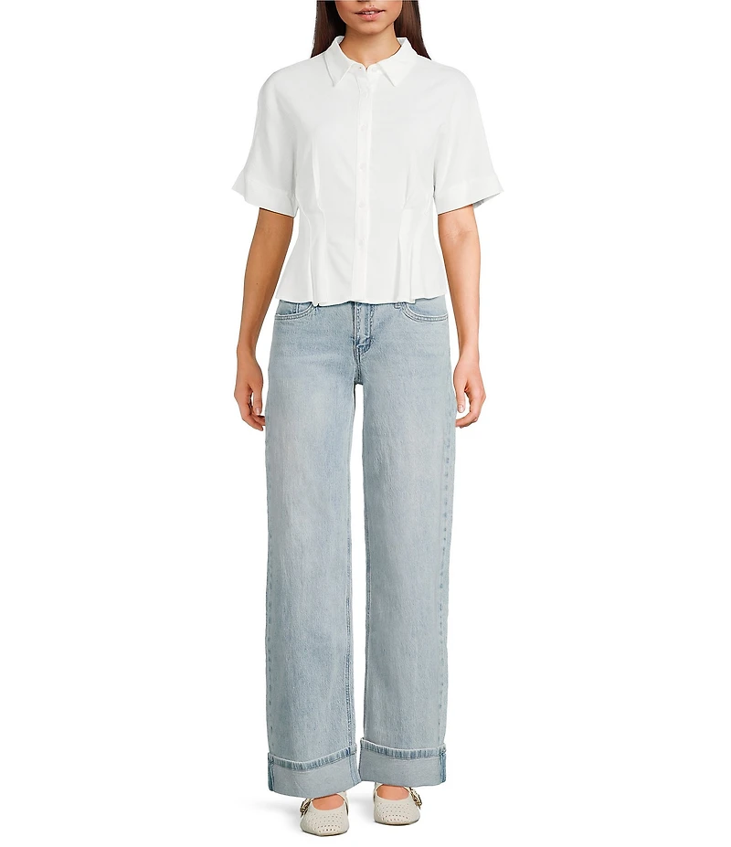 Moa Moa Point Collar Short Sleeve Button Front Cinched Top