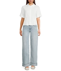 Moa Moa Point Collar Short Sleeve Button Front Cinched Top