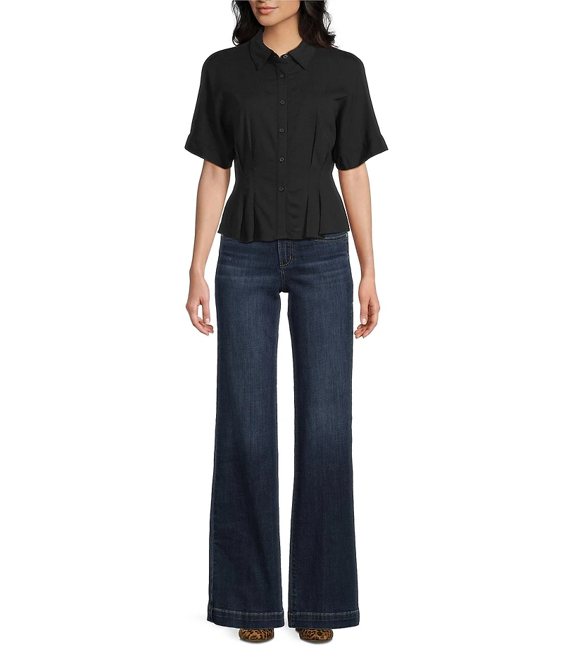 Moa Moa Point Collar Short Sleeve Button Front Cinched Top