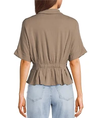 Moa Moa Point Collar Short Sleeve Button Front Cinched Top