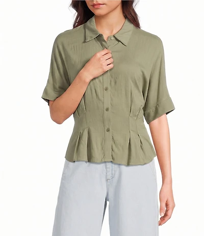 Moa Moa Point Collar Short Sleeve Button Front Cinched Top