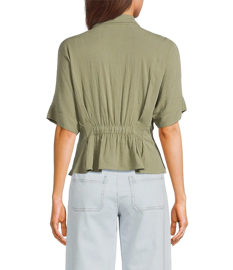 Moa Moa Point Collar Short Sleeve Button Front Cinched Top