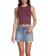 Moa Moa Ribbed Crew Sleeveless Rhinestone Crop Top
