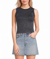 Moa Moa Ribbed Crew Sleeveless Rhinestone Crop Top