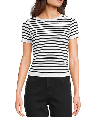 Moa Moa Short Seamless Striped Short Sleeve Cropped Top