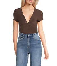 Moa Moa Short Sleeve V-Neck Ruched Bodysuit