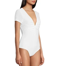 Moa Moa Short Sleeve V-Neck Ruched Bodysuit
