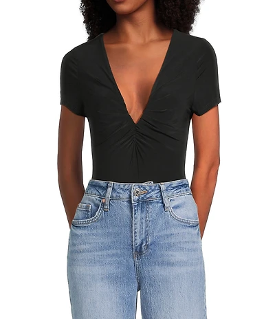 Moa Moa Short Sleeve V-Neck Ruched Bodysuit