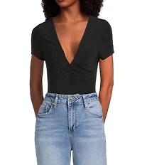 Moa Moa Short Sleeve V-Neck Ruched Bodysuit