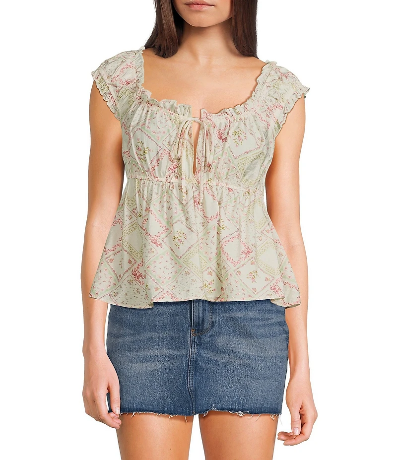 Moa Moa Sleeveless Printed Shirred Babydoll Top
