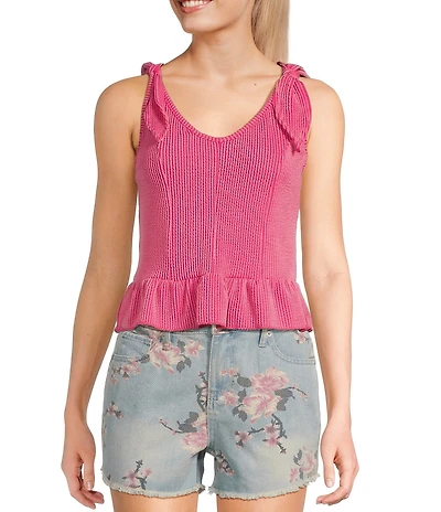 Moa Moa Sleeveless Tie Shoulder Rib Knit Tank Top