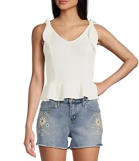 Moa Moa Sleeveless Tie Shoulder Rib Knit Tank Top