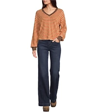 Moa Moa Striped Puckered Jacquard V-Neck Long Sleeve Cropped Top