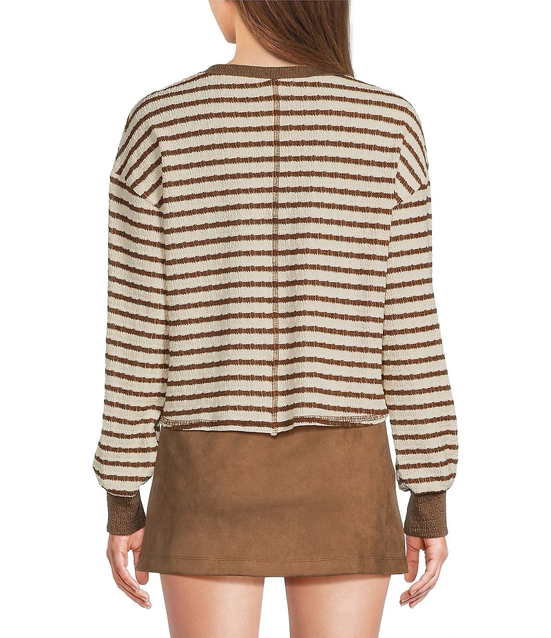 Moa Moa Striped Puckered Jacquard V-Neck Long Sleeve Cropped Top