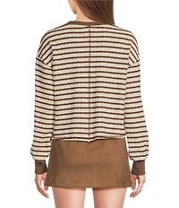Moa Moa Striped Puckered Jacquard V-Neck Long Sleeve Cropped Top