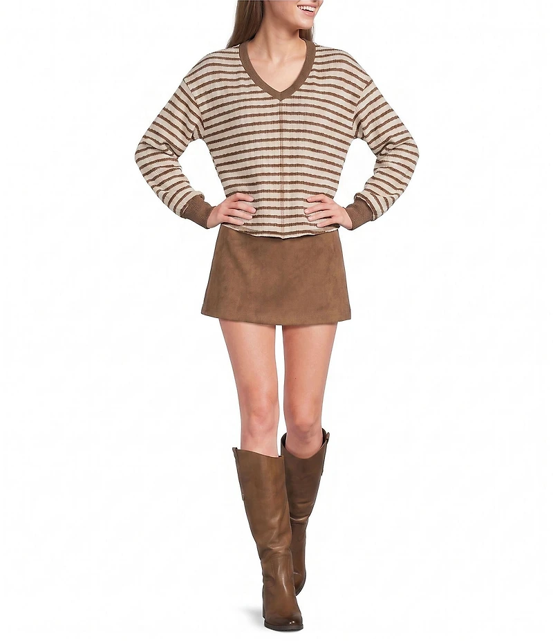 Moa Moa Striped Puckered Jacquard V-Neck Long Sleeve Cropped Top