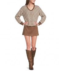 Moa Moa Striped Puckered Jacquard V-Neck Long Sleeve Cropped Top