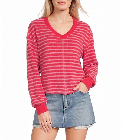 Moa Moa Striped Puckered Jacquard V-Neck Long Sleeve Cropped Top