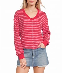 Moa Moa Striped Puckered Jacquard V-Neck Long Sleeve Cropped Top