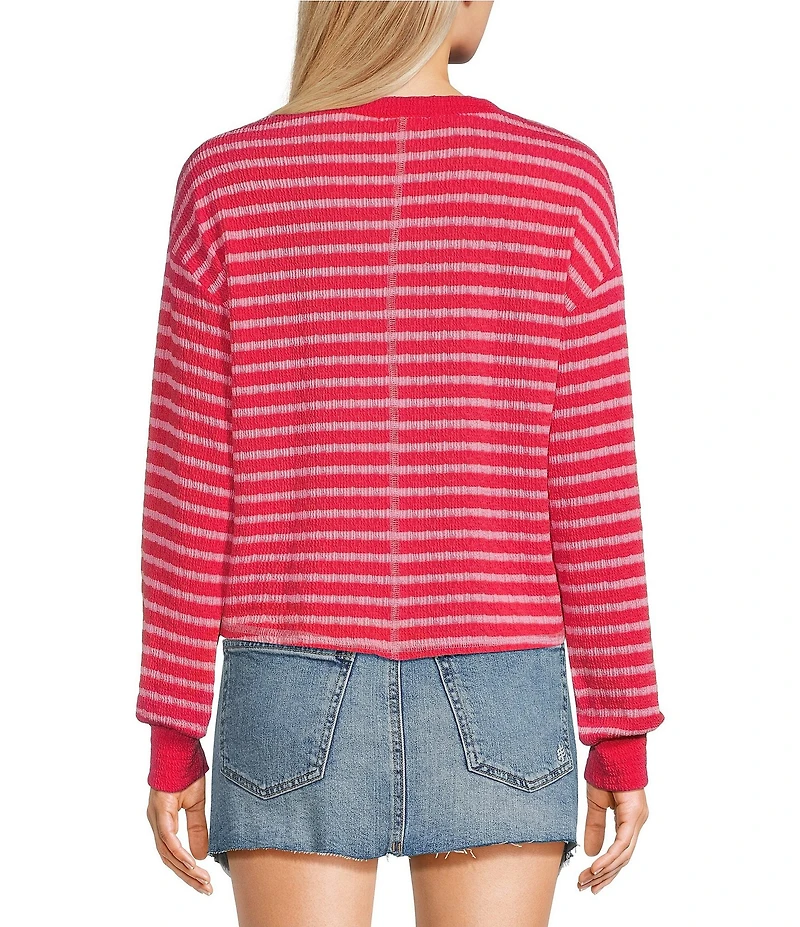 Moa Moa Striped Puckered Jacquard V-Neck Long Sleeve Cropped Top