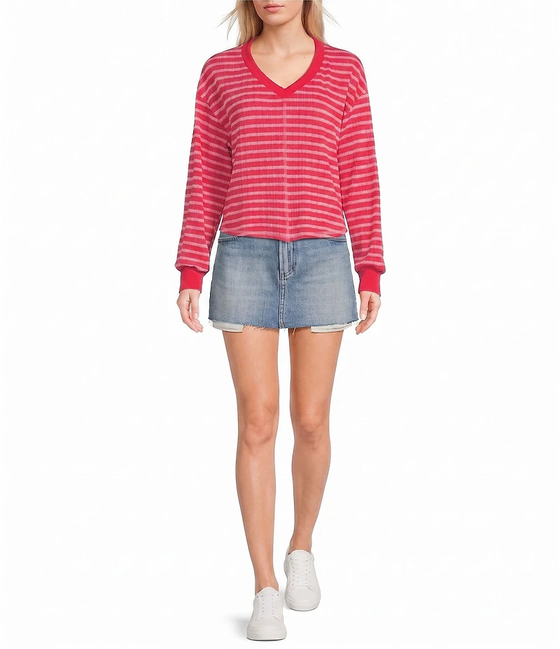 Moa Moa Striped Puckered Jacquard V-Neck Long Sleeve Cropped Top