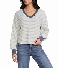 Moa Moa Striped Puckered Jacquard V-Neck Long Sleeve Cropped Top