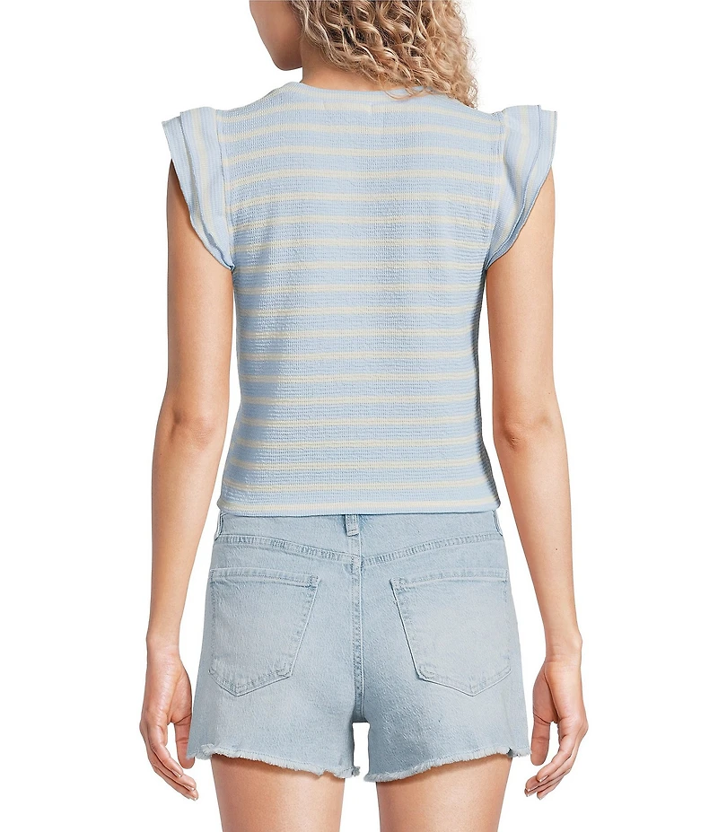 Moa Moa Striped Short Flutter Short Sleeve Crew Neck Top