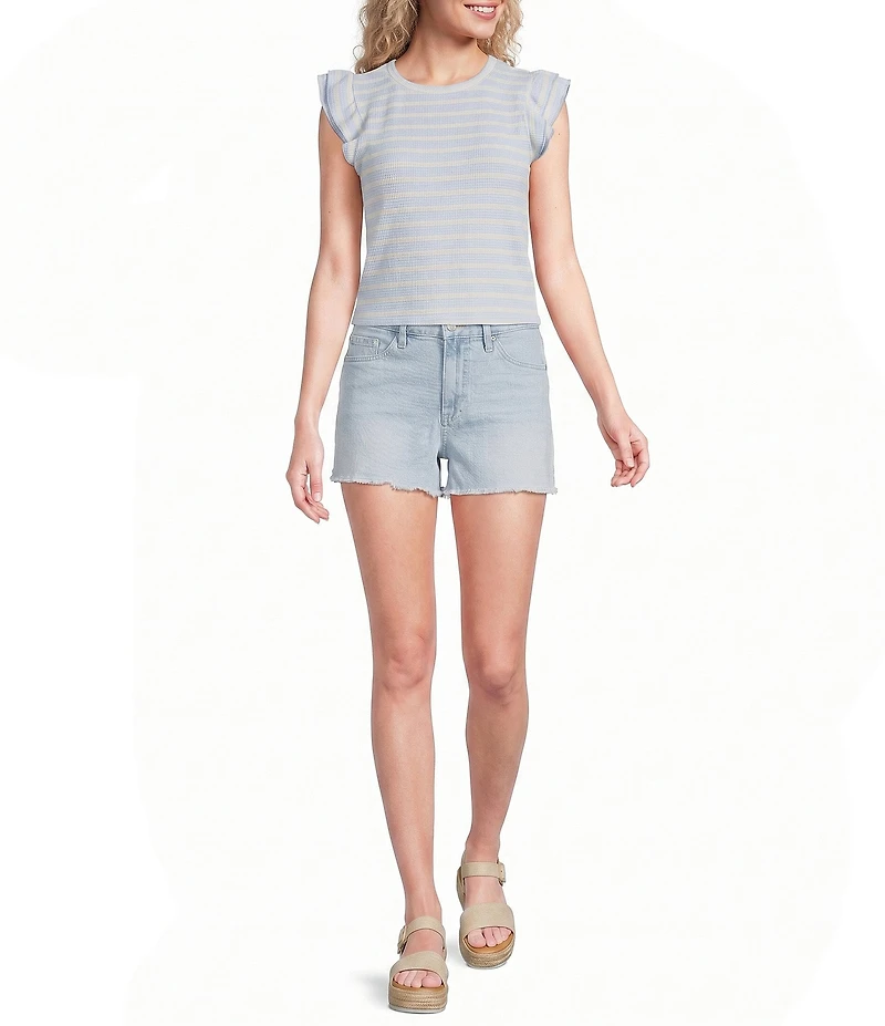 Moa Moa Striped Short Flutter Short Sleeve Crew Neck Top