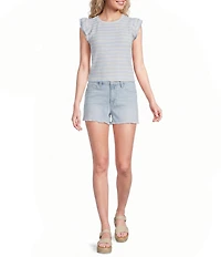 Moa Moa Striped Short Flutter Short Sleeve Crew Neck Top
