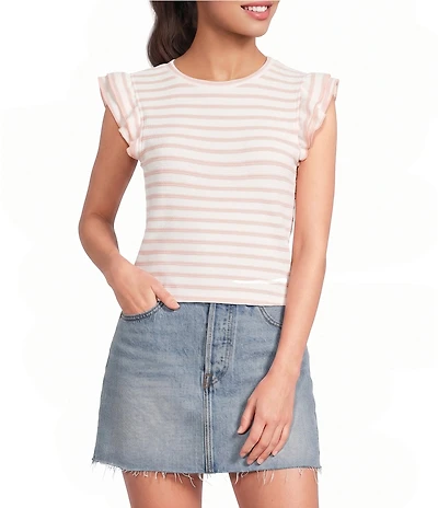 Moa Moa Striped Short Flutter Short Sleeve Crew Neck Top