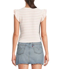 Moa Moa Striped Short Flutter Short Sleeve Crew Neck Top