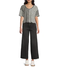 Moa Moa Striped V- Neck Short Sleeve Cropped Top