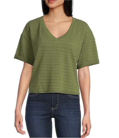 Moa Moa Striped V-Neck Short Sleeve Cropped Top