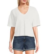 Moa Moa Striped V-Neck Short Sleeve Cropped Top