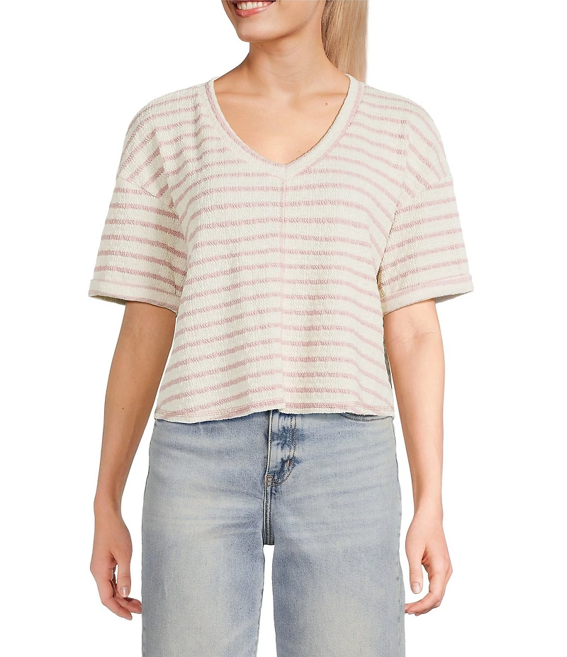 Moa Moa Striped V-Neck Short Sleeve Top