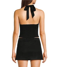 Moa Moa V-Neck Halter Faux Suede Smocked Top