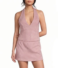 Moa Moa V-Neck Halter Faux Suede Smocked Top