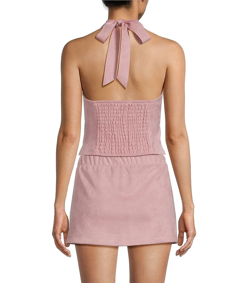 Moa Moa V-Neck Halter Faux Suede Smocked Top